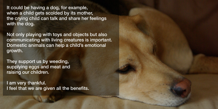 It could be having a dog, for example,
when a child gets scolded by its mother,
the crying child can talk and share her feelings with the dog.  

Not only playing with toys and objects but also communicating with living creatures is important. 
Domestic animals can help a child’s emotional growth. 

They support us by weeding, supplying eggs and meat and raising our children. 

I am very thankful.
I feel that we are given all the benefits.
